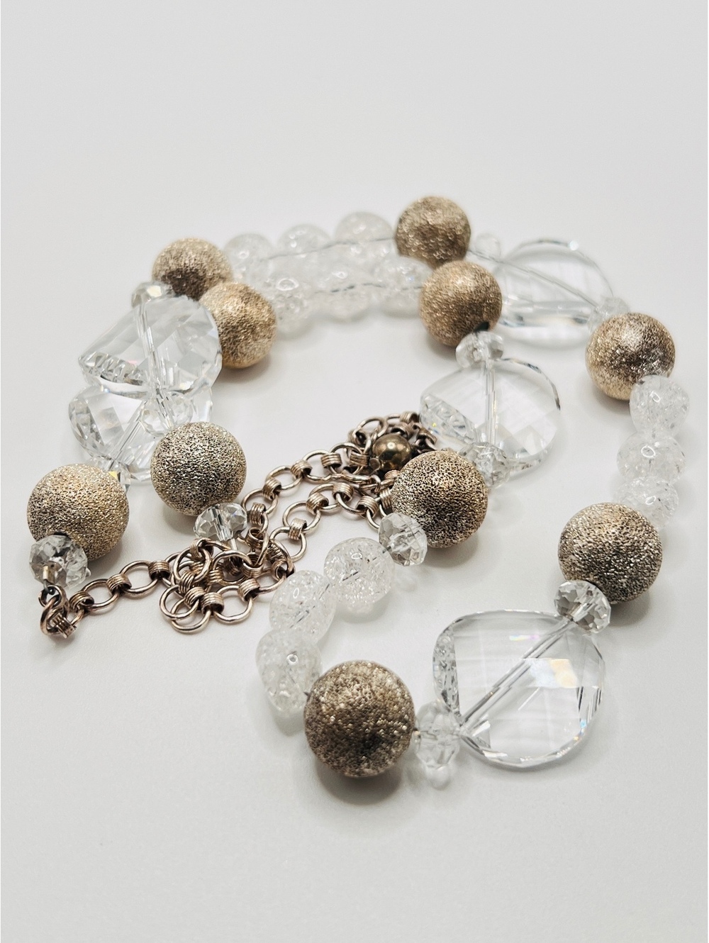 Vintage Clear Crystal Crackle Glass Gold Tone Beaded Statement Necklace 26”
